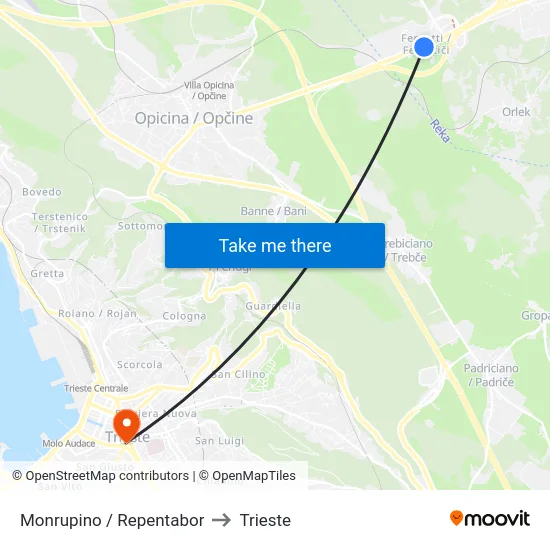 Monrupino / Repentabor to Trieste map