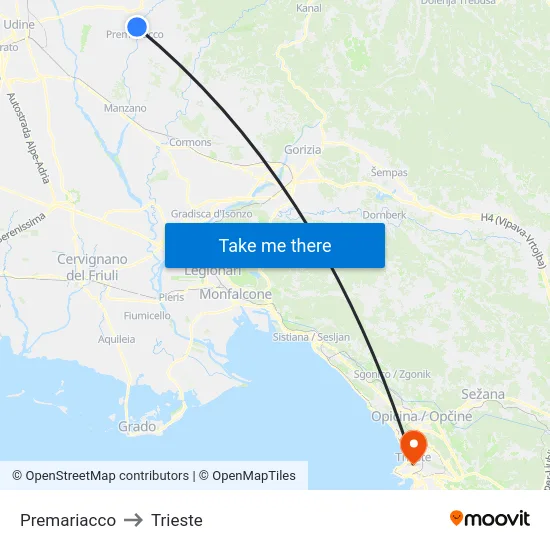 Premariacco to Trieste map
