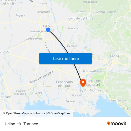 Udine to Turriaco map