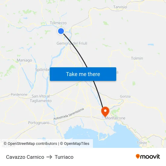 Cavazzo Carnico to Turriaco map