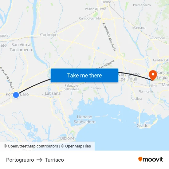Portogruaro to Turriaco map