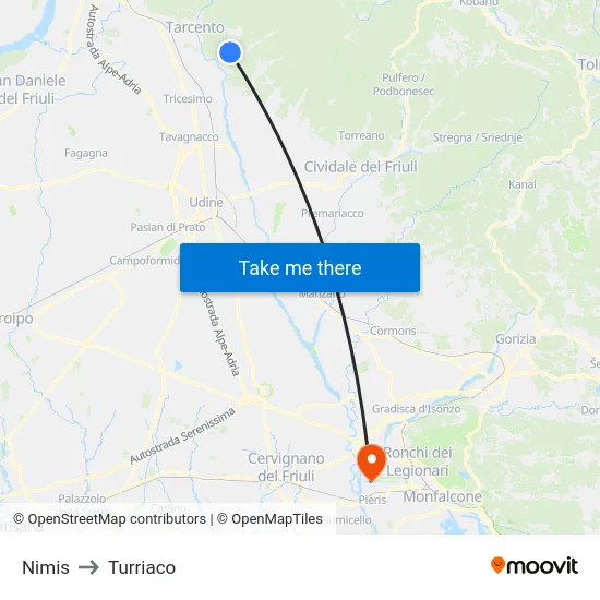 Nimis to Turriaco map