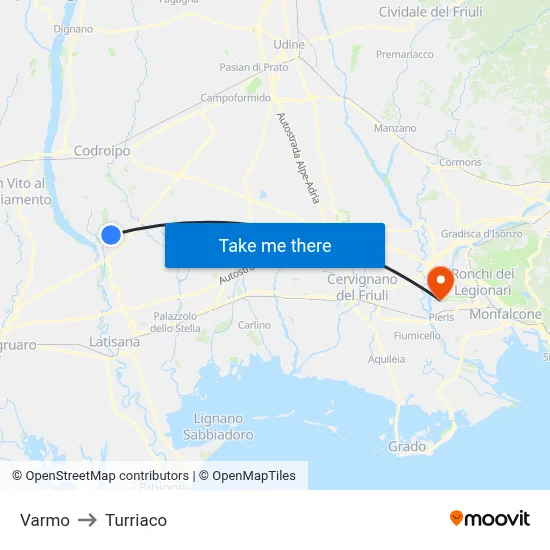 Varmo to Turriaco map