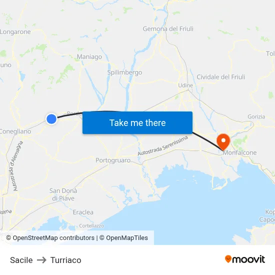Sacile to Turriaco map