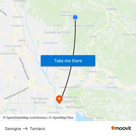Savogna to Turriaco map