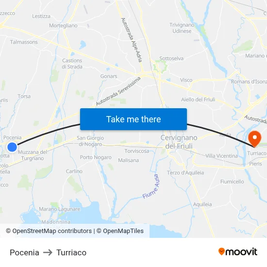 Pocenia to Turriaco map