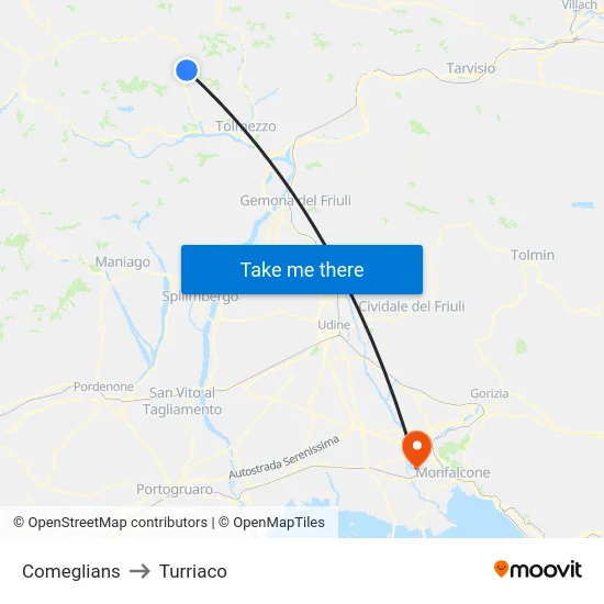 Comeglians to Turriaco map