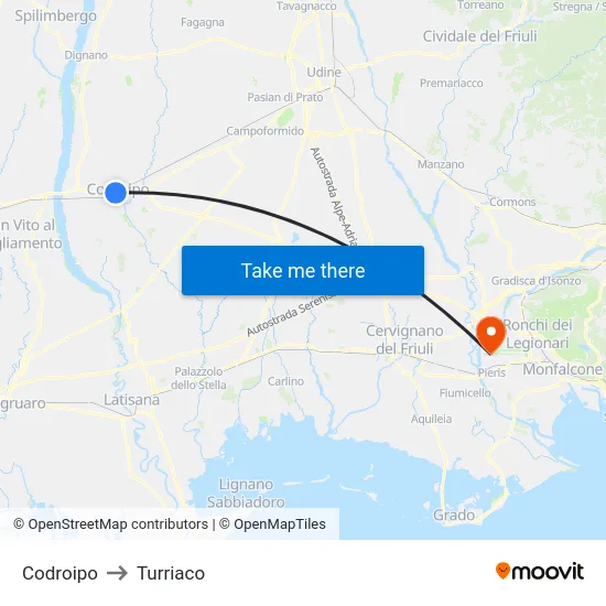 Codroipo to Turriaco map