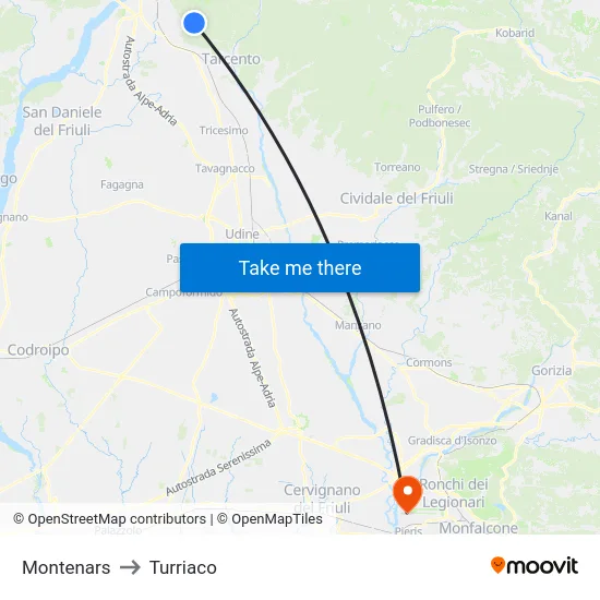 Montenars to Turriaco map