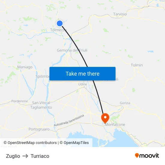 Zuglio to Turriaco map