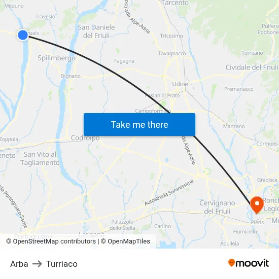 Arba to Turriaco map