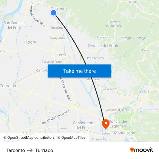 Tarcento to Turriaco map
