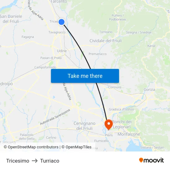 Tricesimo to Turriaco map