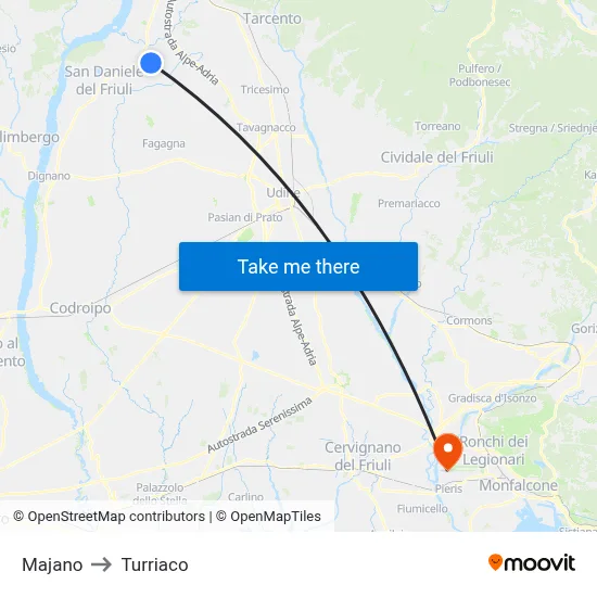 Majano to Turriaco map