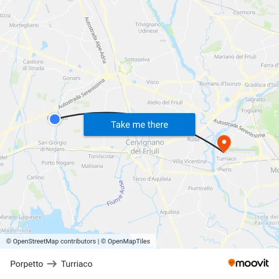 Porpetto to Turriaco map