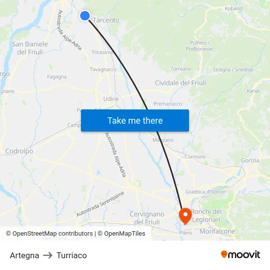 Artegna to Turriaco map