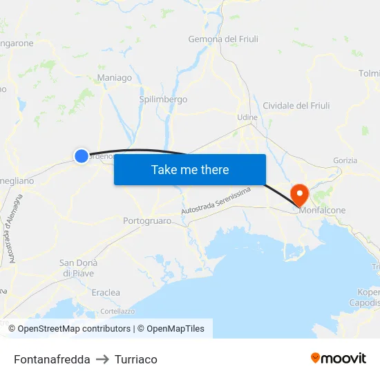 Fontanafredda to Turriaco map
