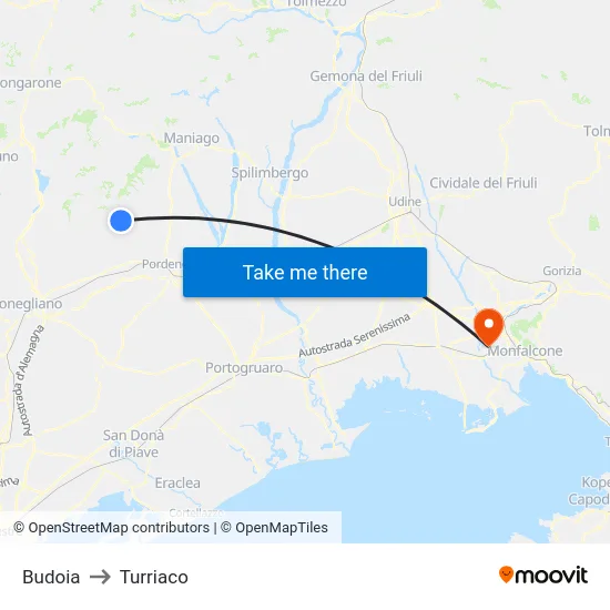 Budoia to Turriaco map