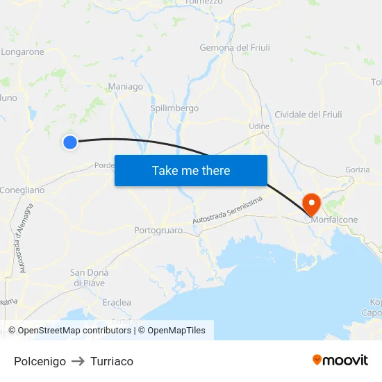 Polcenigo to Turriaco map