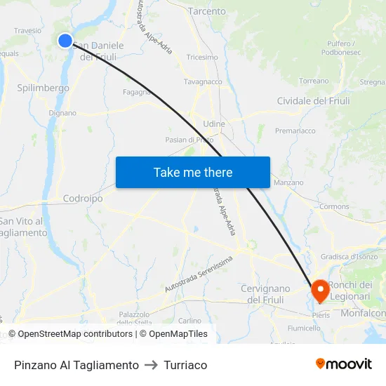 Pinzano Al Tagliamento to Turriaco map