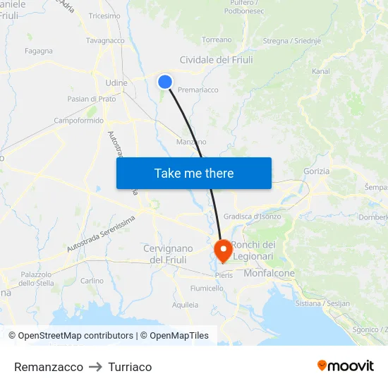 Remanzacco to Turriaco map