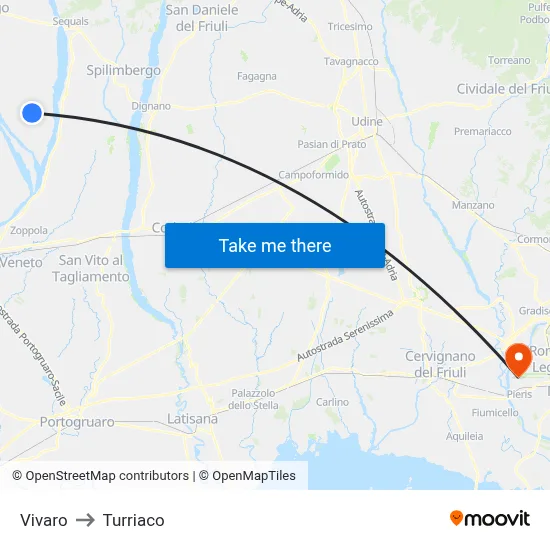Vivaro to Turriaco map