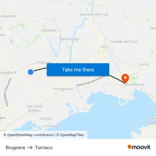 Brugnera to Turriaco map