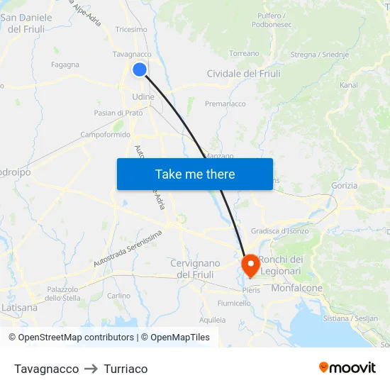 Tavagnacco to Turriaco map