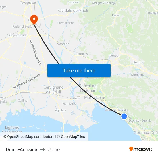 Duino-Aurisina to Udine map