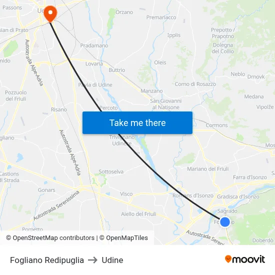 Fogliano Redipuglia to Udine map