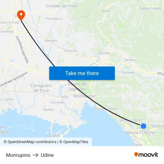 Monrupino to Udine map