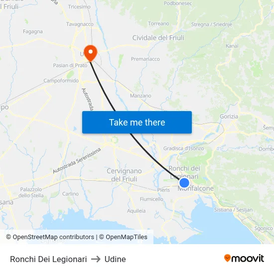 Ronchi dei Legionari to Udine map