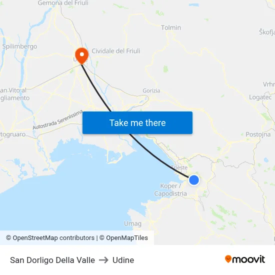 San Dorligo Della Valle to Udine map