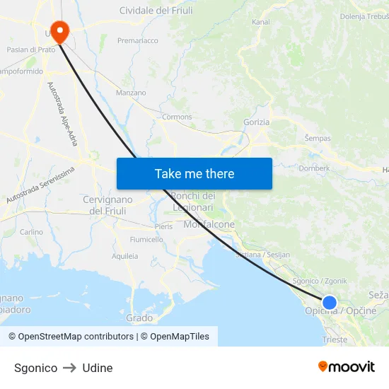 Sgonico to Udine map
