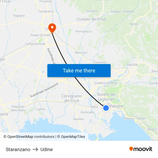 Staranzano to Udine map