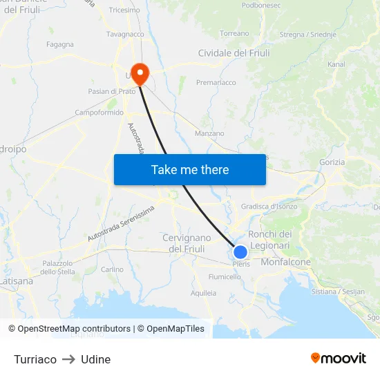 Turriaco to Udine map