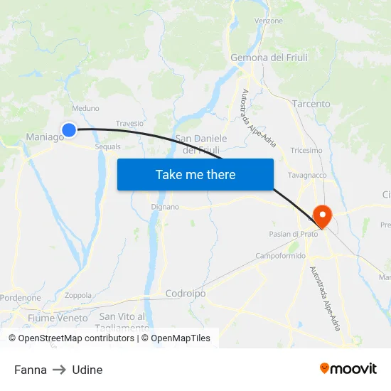Fanna to Udine map
