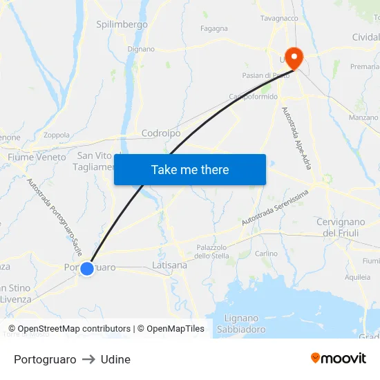 Portogruaro to Udine map