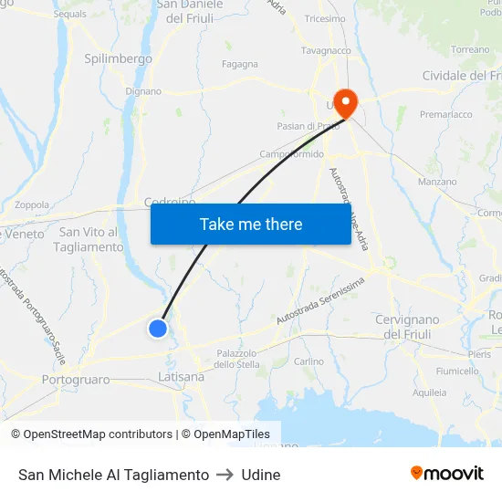 San Michele al Tagliamento to Udine map