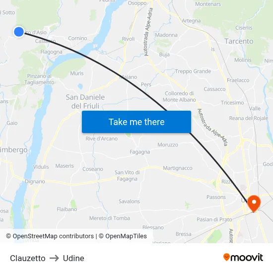 Clauzetto to Udine map