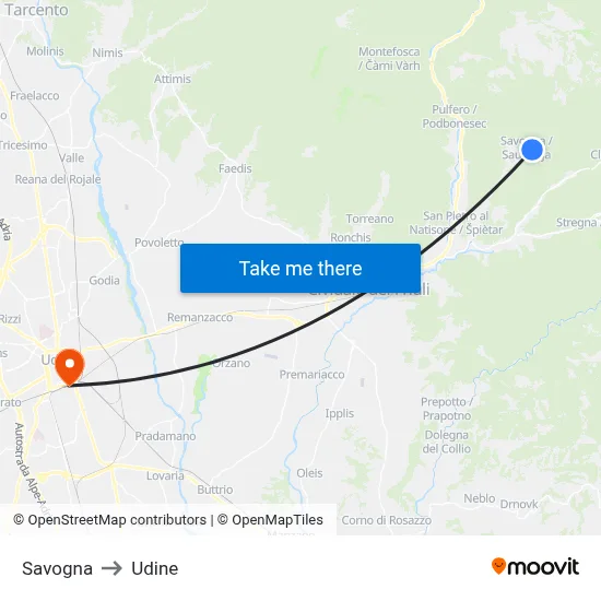Savogna to Udine map