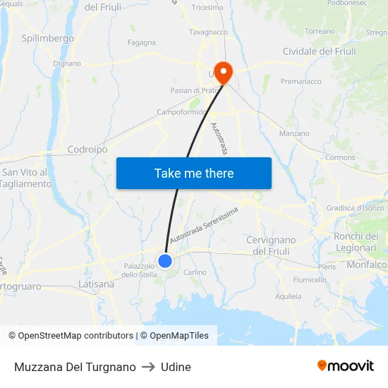 Muzzana del Turgnano to Udine map