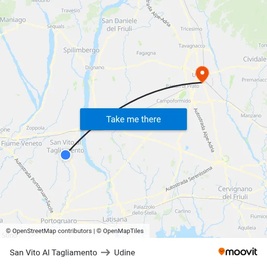 San Vito al Tagliamento to Udine map