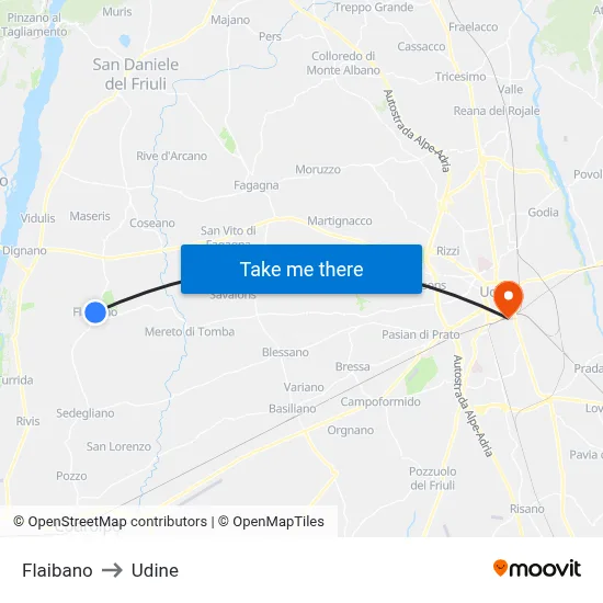 Flaibano to Udine map