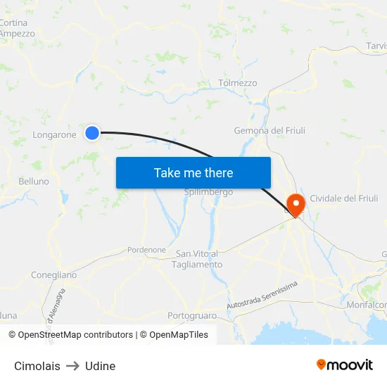Cimolais to Udine map