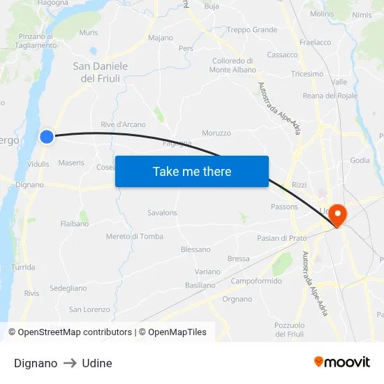 Dignano to Udine map