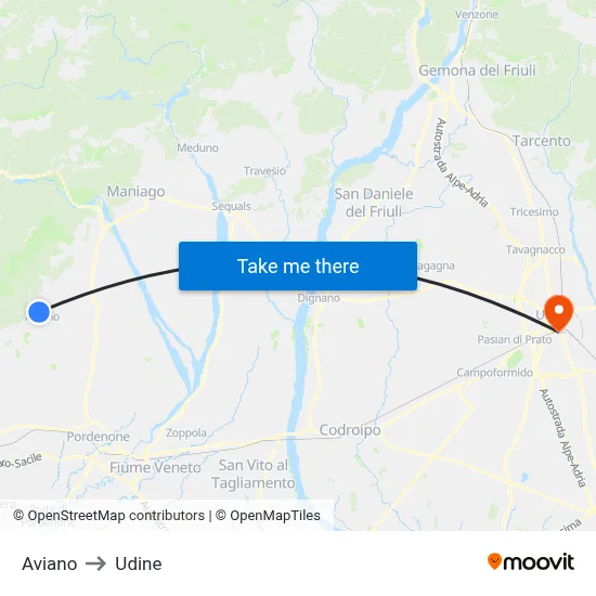 Aviano to Udine map