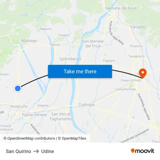 San Quirino to Udine map