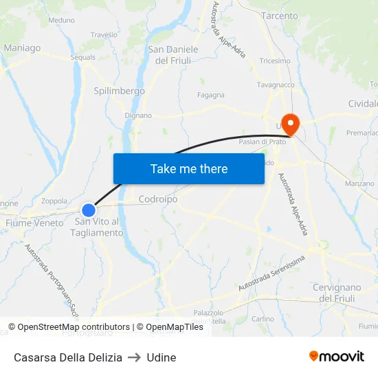 Casarsa della Delizia to Udine map
