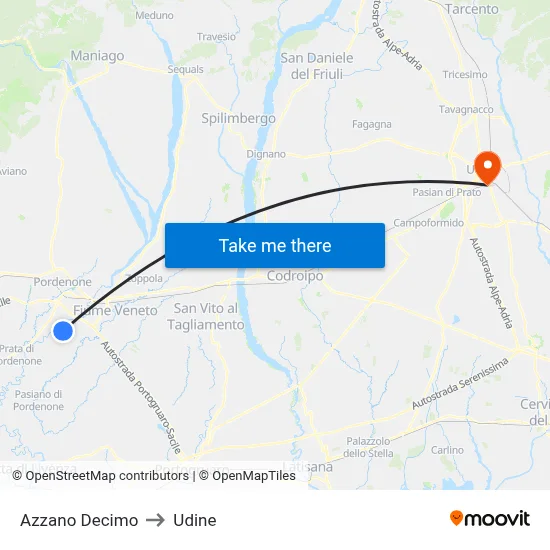 Azzano Decimo to Udine map